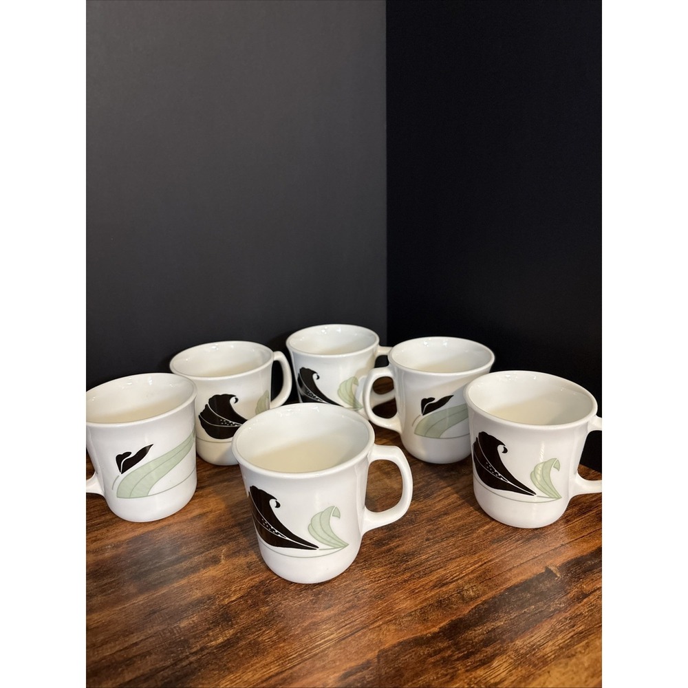 Vintage‎ Black Orchid CORELLE Corning White Glass Coffee Mug Set Of 6 USA Made